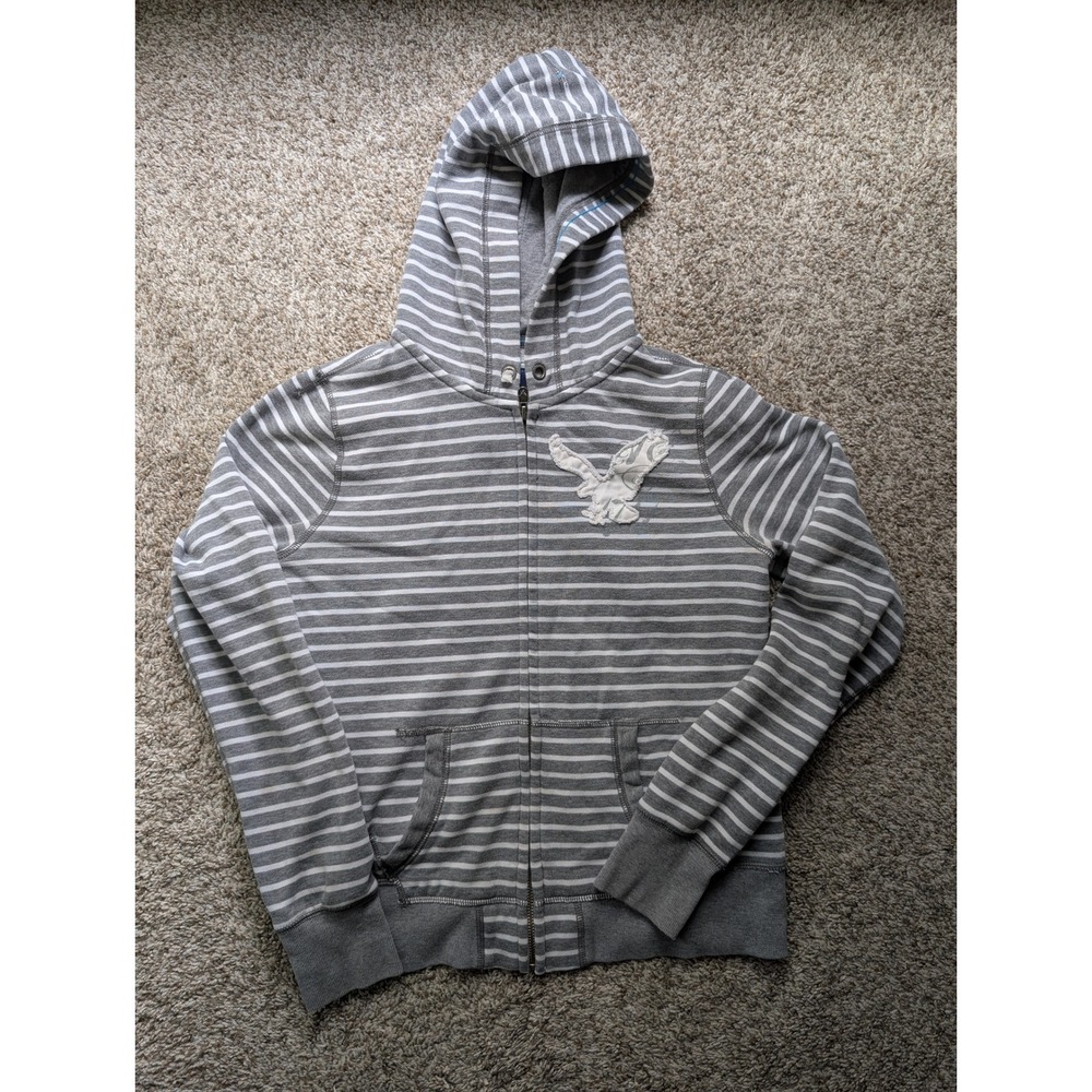 American Eagle Zip Up Hoodie Womens M Grey White Striped Eagle Fleece Y2K